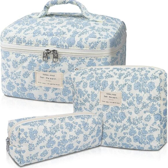Makeup Bag, Large Quilted Cosmetic Bag, Big Floral Make Up Bag for Women Girls, - Picture 1 of 6